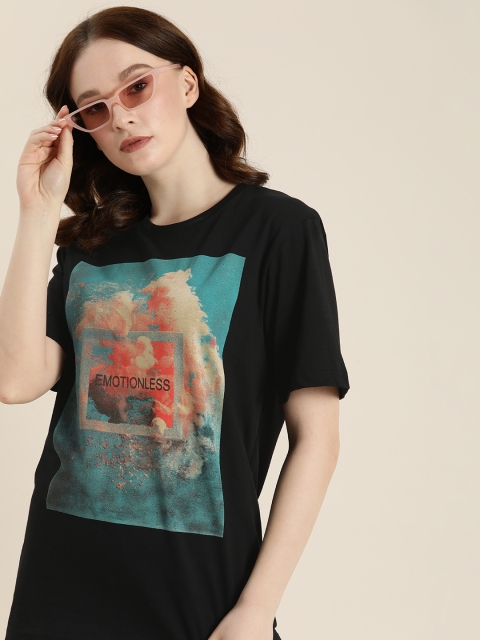 

DILLINGER Women Black & Blue Printed Pure Cotton Loose T-shirt