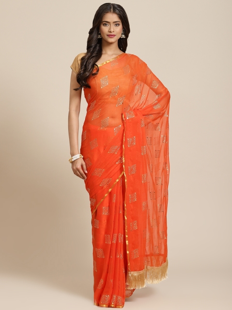 

INDYES Orange & Golden Geometric Embellished Saree