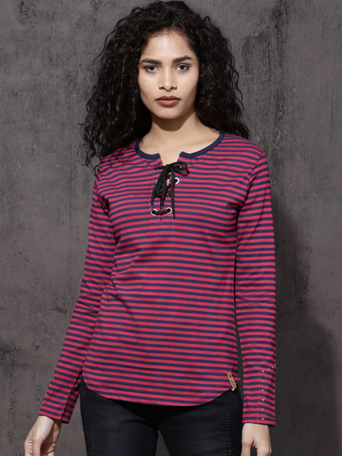 

Roadster Women Magenta & Navy Striped Pure Cotton Top