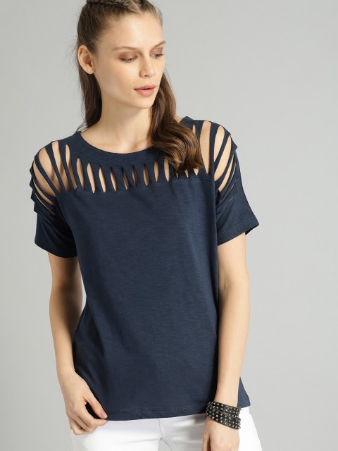 

Roadster Women Navy Blue Solid Cut-Out Pure Cotton Top