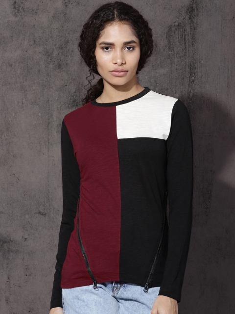 

Roadster Women Black & Maroon Colourblocked Top