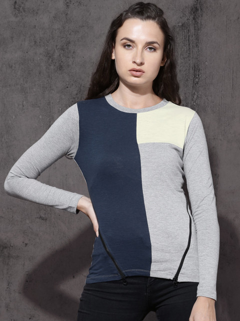 

Roadster Women Grey Melange & Blue Colourblocked Top