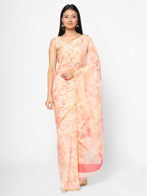 

Silk Land Peach-Coloured & Cream-Coloured Floral Zari Organza Saree
