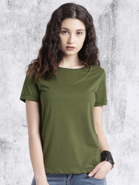 

Roadster Women Olive Green Solid Round Neck Pure Cotton T-shirt