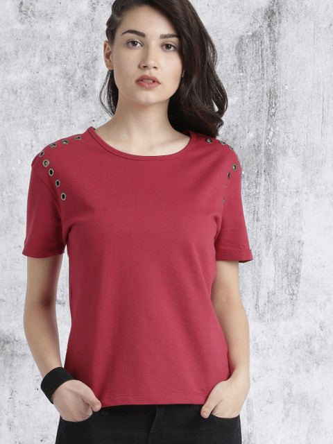 

Roadster Women Magenta Solid Studded Pure Cotton Top