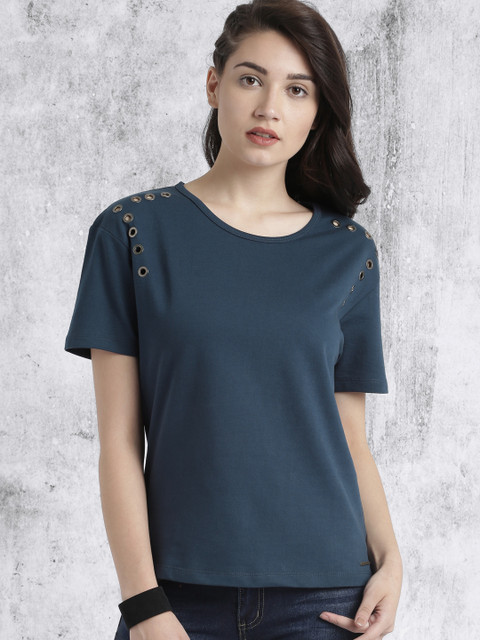 

Roadster Women Blue Solid Studded Pure Cotton Top