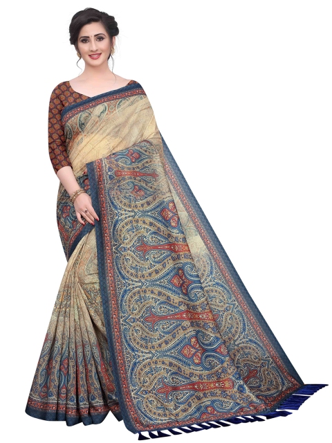 

Silk Land Beige & Blue Kalamkari Pure Cotton Saree