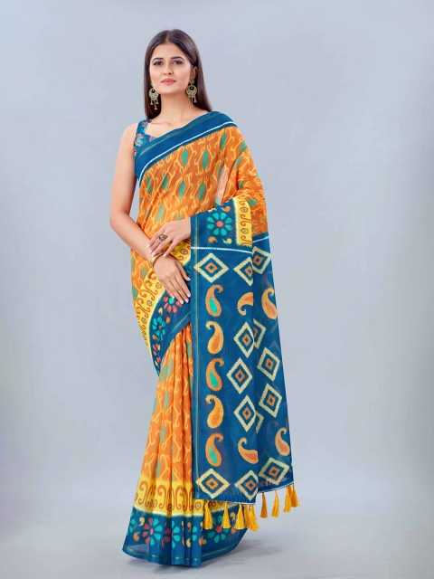 

Silk Land Navy Blue & Orange Kalamkari Pure Cotton Saree