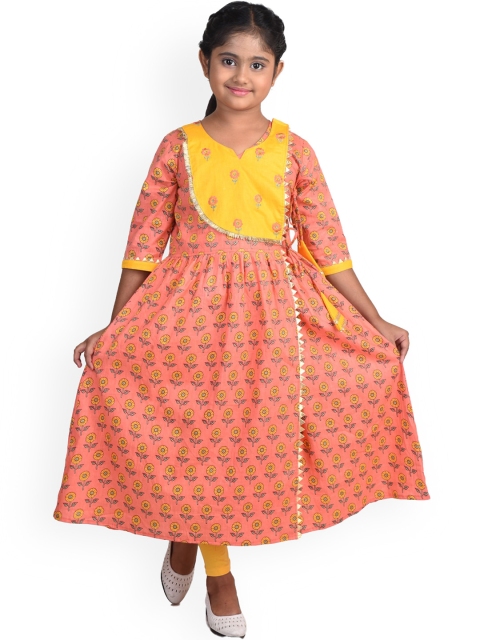 

Kinder Kids Girls Peach-Coloured Floral Printed Angrakha Gotta Patti Pure Cotton Kurta with Trousers