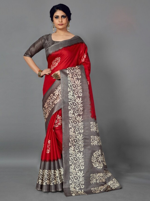 

KALINI Red & Grey Kalamkari Printed Saree