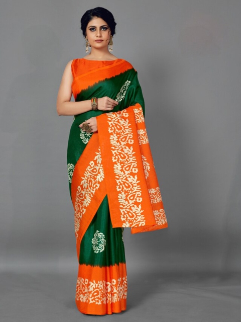

KALINI Green & Orange Kalamkari Silk Blend Khadi Saree