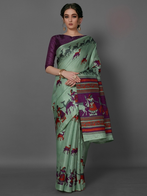 

KALINI Sea Green & Maroon Kalamkari Printed Saree