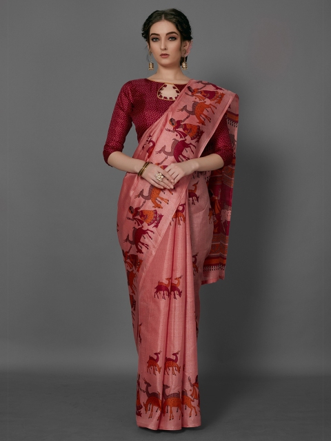 

KALINI Pink & Red Kalamkari Silk Blend Saree