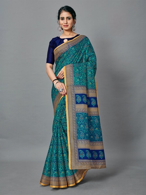

KALINI Turquoise Blue & Yellow Paisley Silk Blend Saree
