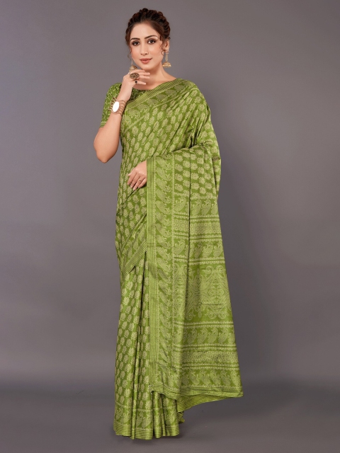 

KALINI Green & White Ajrak Printed Silk Blend Saree