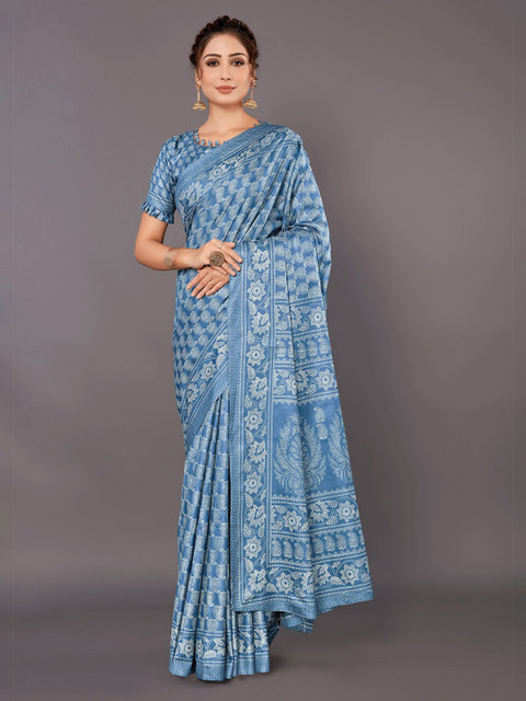 

KALINI Blue & White Paisley Silk Blend Khadi Saree