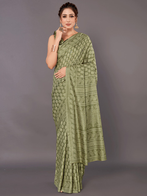 

KALINI MInt Green & White Ajrak Printed Green Silk Blend Saree