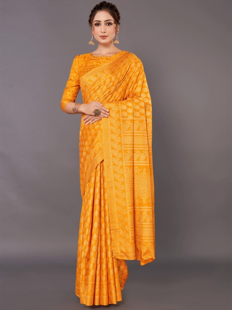 

KALINI Mustard & White Ethnic Motifs Khadi Saree
