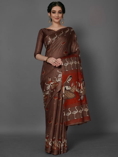 

KALINI Coffee Brown & Red Kalamkari Silk Blend Saree