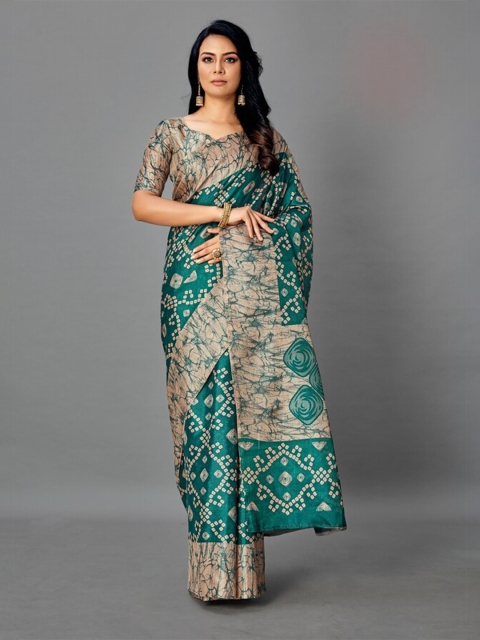 

KALINI Sea Green & Beige Bandhani Silk Blend Saree