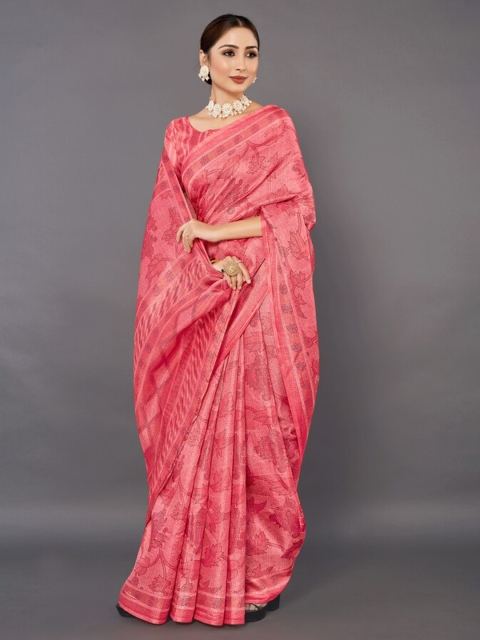 

KALINI Pink & Gold-Toned Floral Khadi Saree