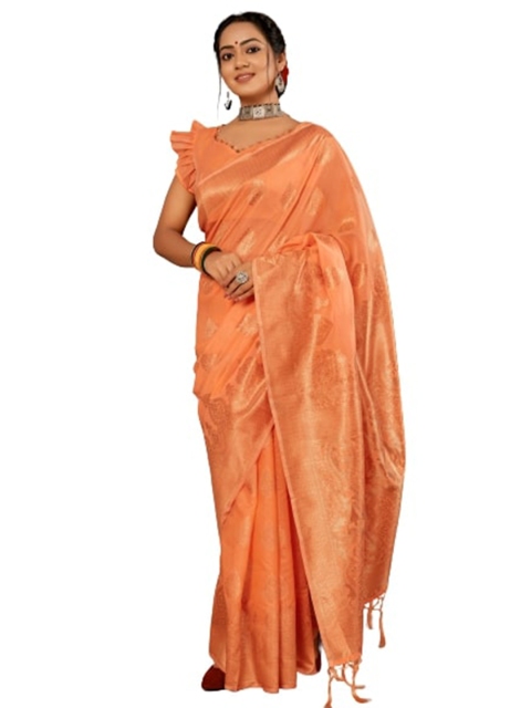 

KALINI Orange & Gold-Toned Woven Design Zari Silk Cotton Saree