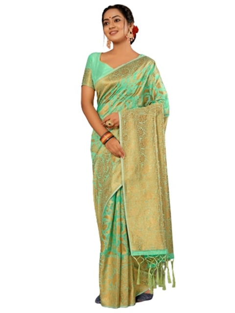 

KALINI Sea Green & Gold-Toned Woven Design Zari Silk Cotton Saree
