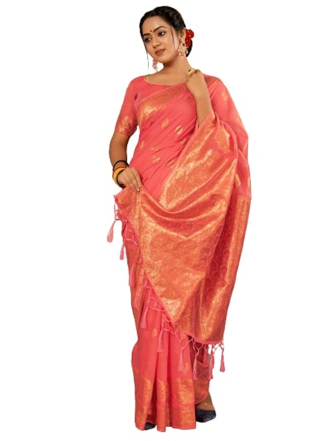

KALINI Pink & Gold-Toned Ethnic Motifs Silk Cotton Saree