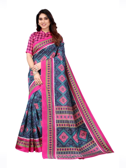 

KALINI Navy Blue & Pink Bandhani Art Silk Saree