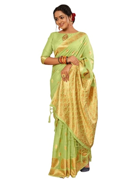 

KALINI Green & Gold-Toned Woven Design Zari Silk Cotton Saree