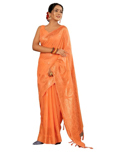 

KALINI Orange & Gold-Toned Woven Design Silk Cotton Saree