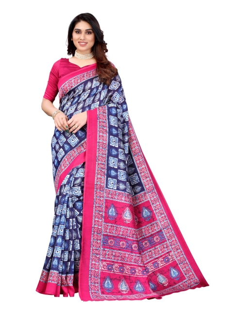 

KALINI Blue & Pink Checked Art Silk Saree