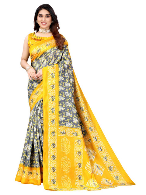 

KALINI Grey & Yellow Checked Printed Saree