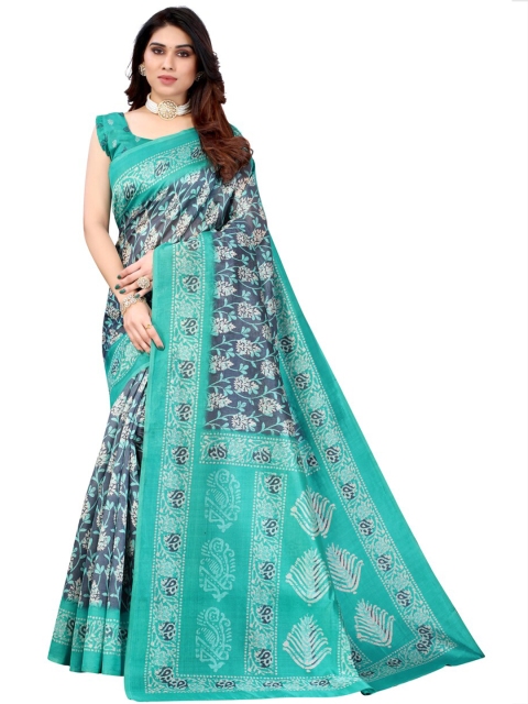 

KALINI Green & Blue Floral Art Silk Saree