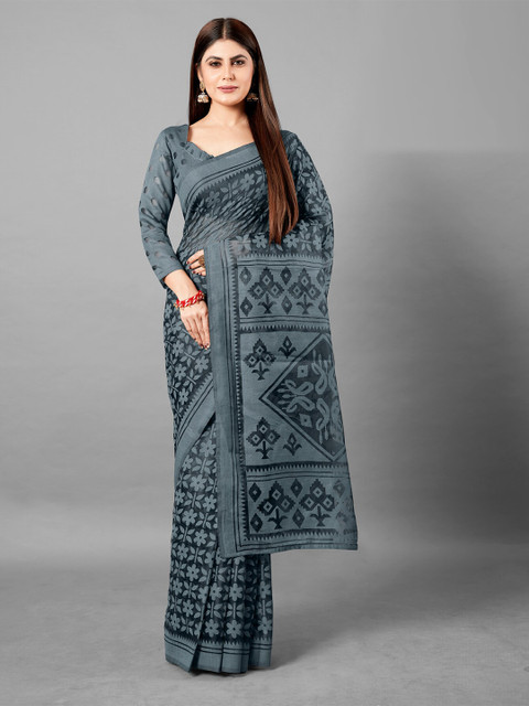 

KALINI Black & Grey Floral Brasso Saree