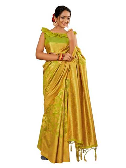 

KALINI Green & Gold-Toned Ethnic Motifs Silk Cotton Saree