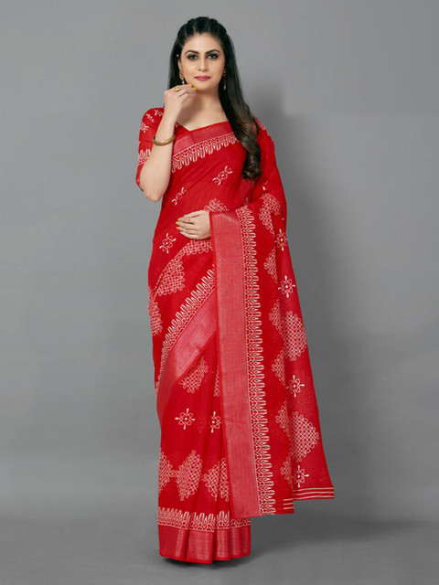 

KALINI Red & White Ethnic Motifs Silk Cotton Saree