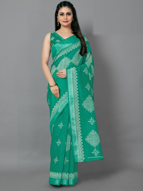 

KALINI Sea Green & White Ethnic Motifs Silk Cotton Saree