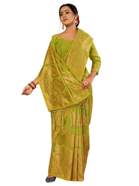 

KALINI Olive Green & Gold-Toned Woven Design Zari Silk Cotton Saree