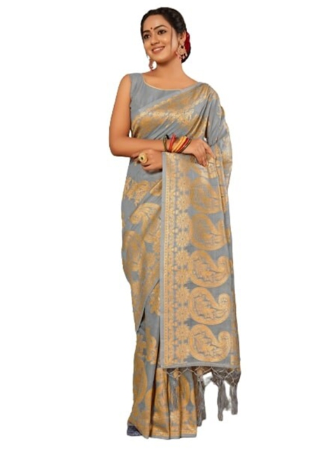 

KALINI Grey & Gold-Toned Woven Design Silk Cotton Saree