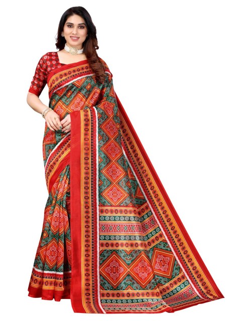 

KALINI Red & Green Bandhani Art Silk Saree