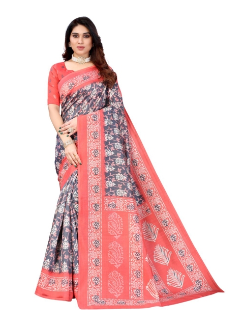 

KALINI Grey & Pink Floral Art Silk Saree