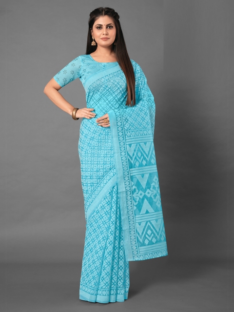 

KALINI Blue Ethnic Motifs Brasso Saree