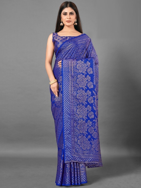 

KALINI Blue & Gold-Toned Floral Brasso Saree