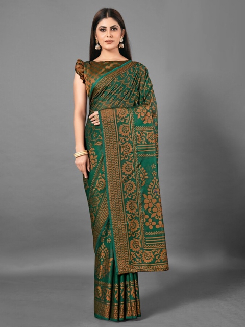 

KALINI Green & Brown Ethnic Motifs Brasso Saree