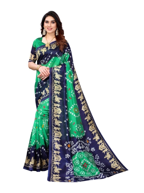 

KALINI Green & Navy Blue Bandhani Printed Art Silk Saree