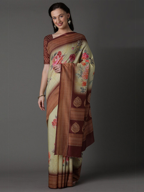 

KALINI Yellow & Brown Floral Silk Blend Saree