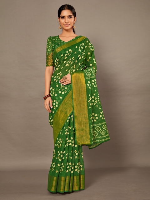 

KALINI Green & White Bandhani Zari Silk Cotton Saree