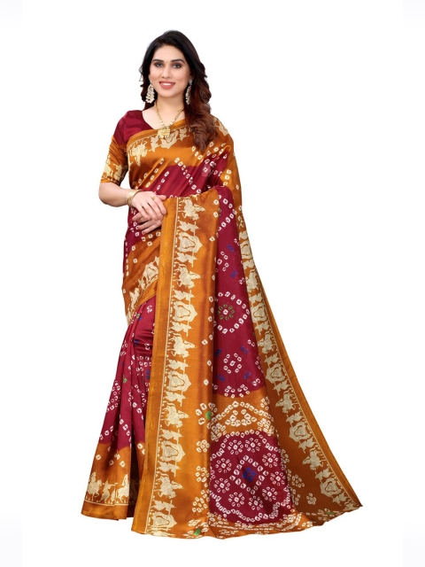 

KALINI Maroon & Mustard Bandhani Art Silk Saree