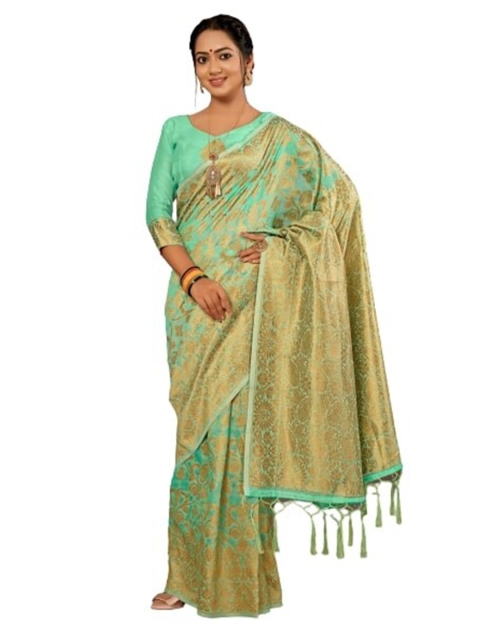 

KALINI Sea Green & Gold-Toned Ethnic Motifs Silk Cotton Saree